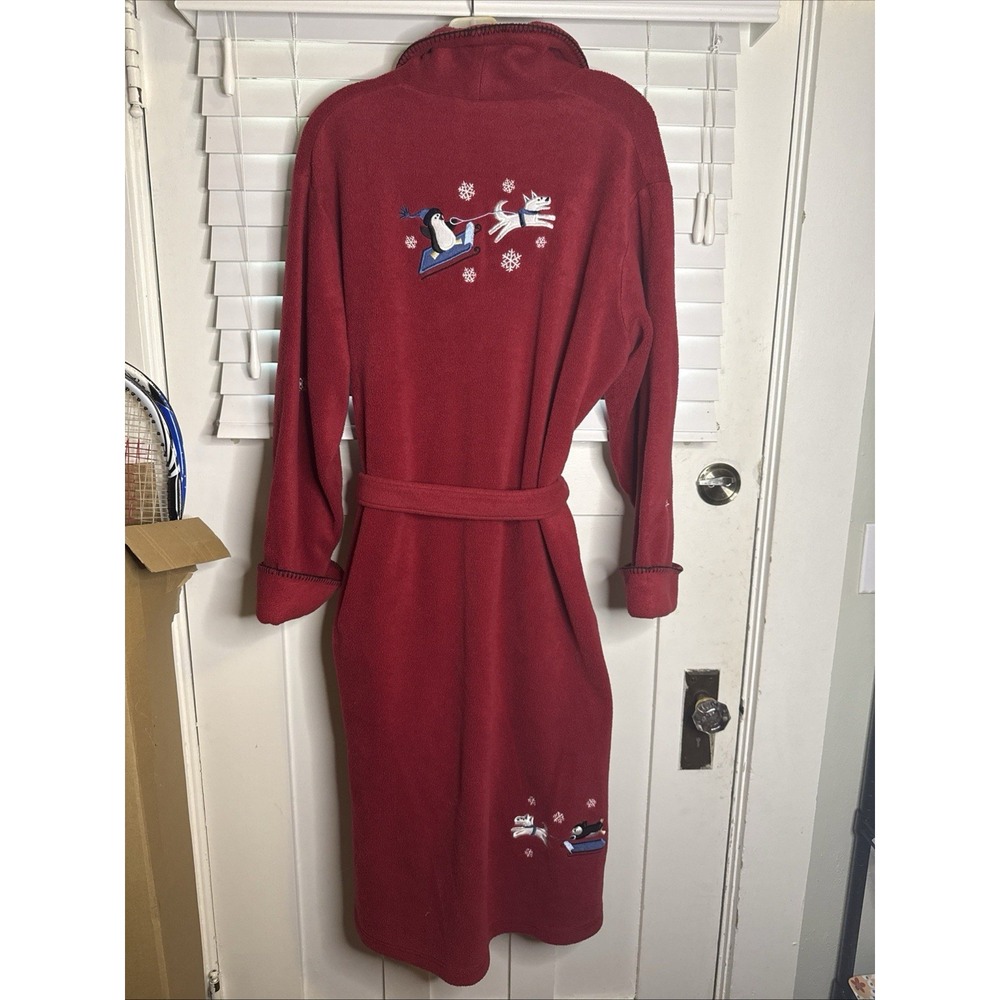 Christmas Sz Lg Red Fleece Polyester Robe Tie Snowflake Penguin Dog Thick Plush